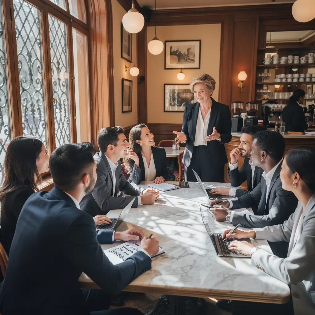 Ein Trainer präsentiert Verkaufsstrategien vor einem engagierten Publikum.