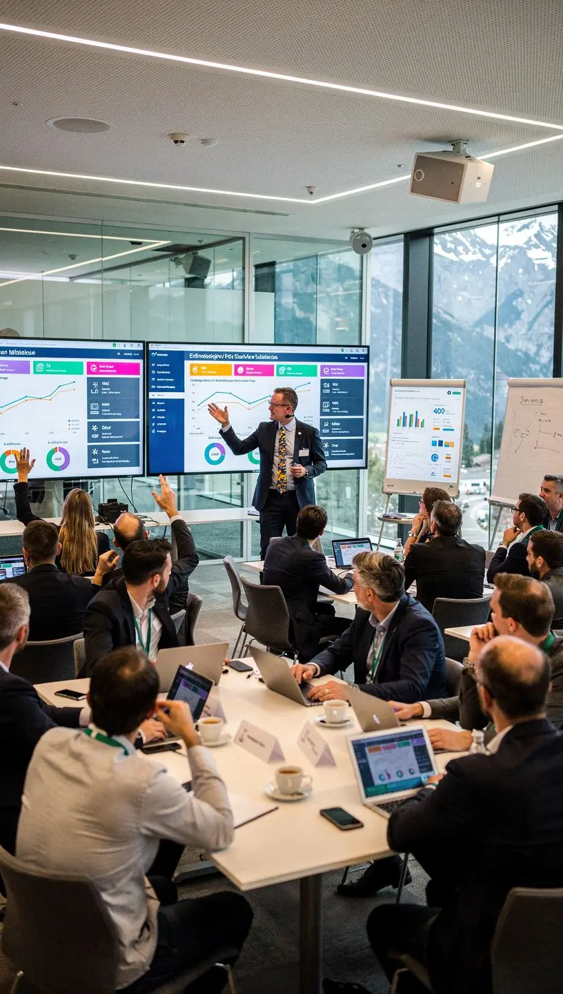 Ein erfolgreicher Verkäufer präsentiert seine Ergebnisse vor begeistertem Publikum.