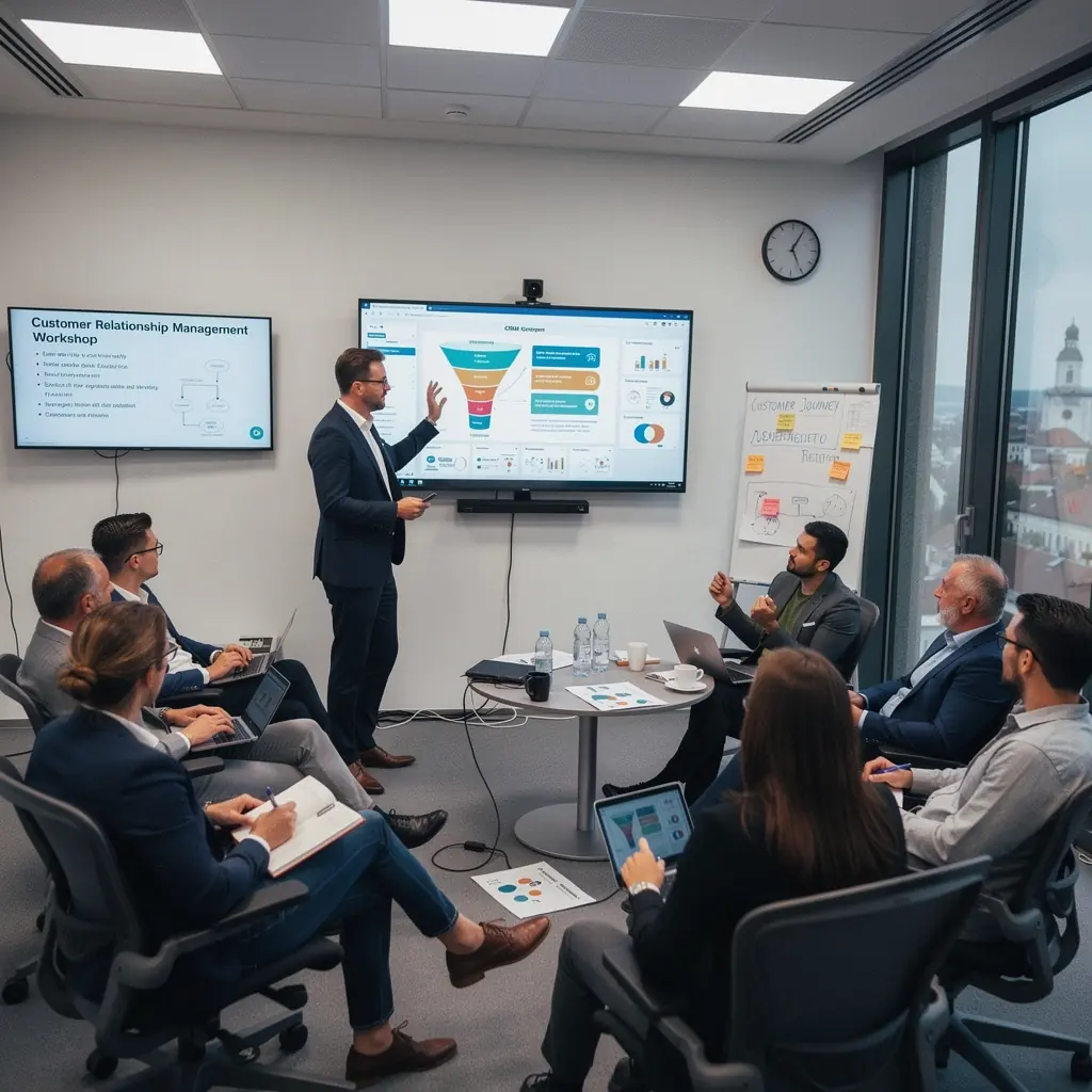 Eine Gruppe von Teilnehmern übt Verhandlungstechniken in kleinen Teams.