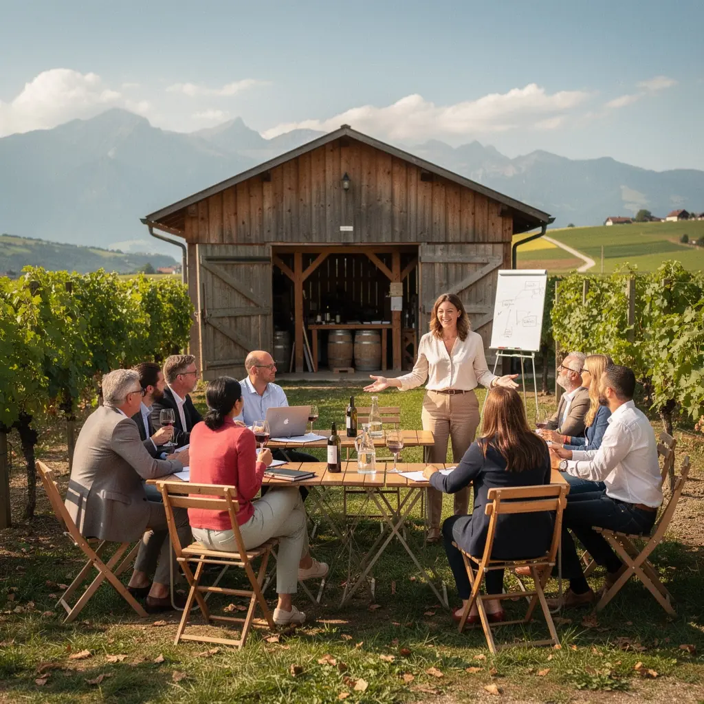 Eine Gruppe von Teilnehmern übt Verhandlungstechniken in kleinen Teams.