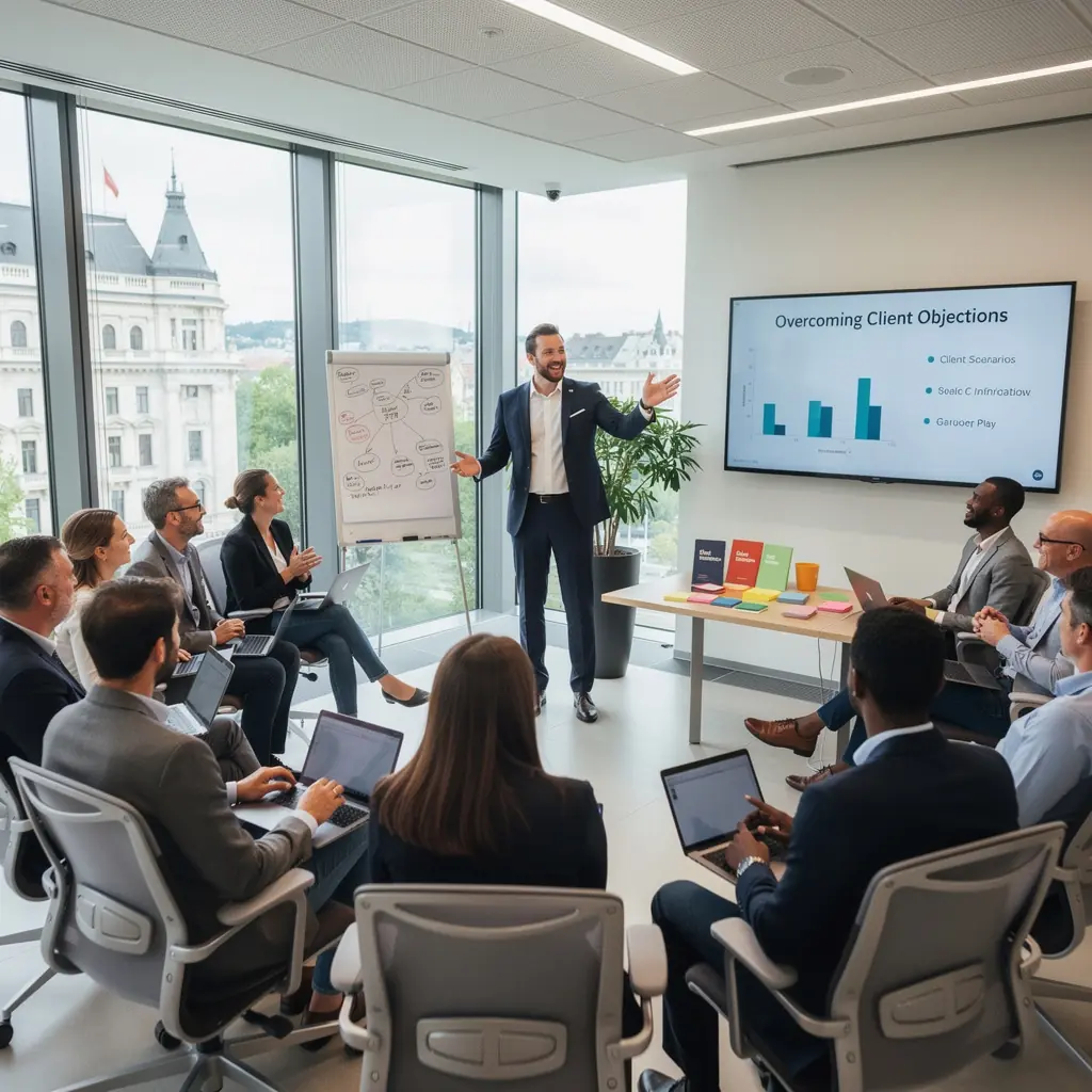 Eine Gruppe von Teilnehmern übt Verhandlungstechniken in kleinen Teams.