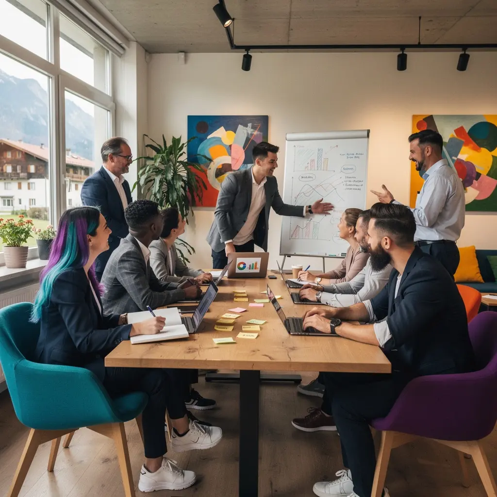 Eine Gruppe von Teilnehmern übt Verhandlungstechniken in kleinen Teams.