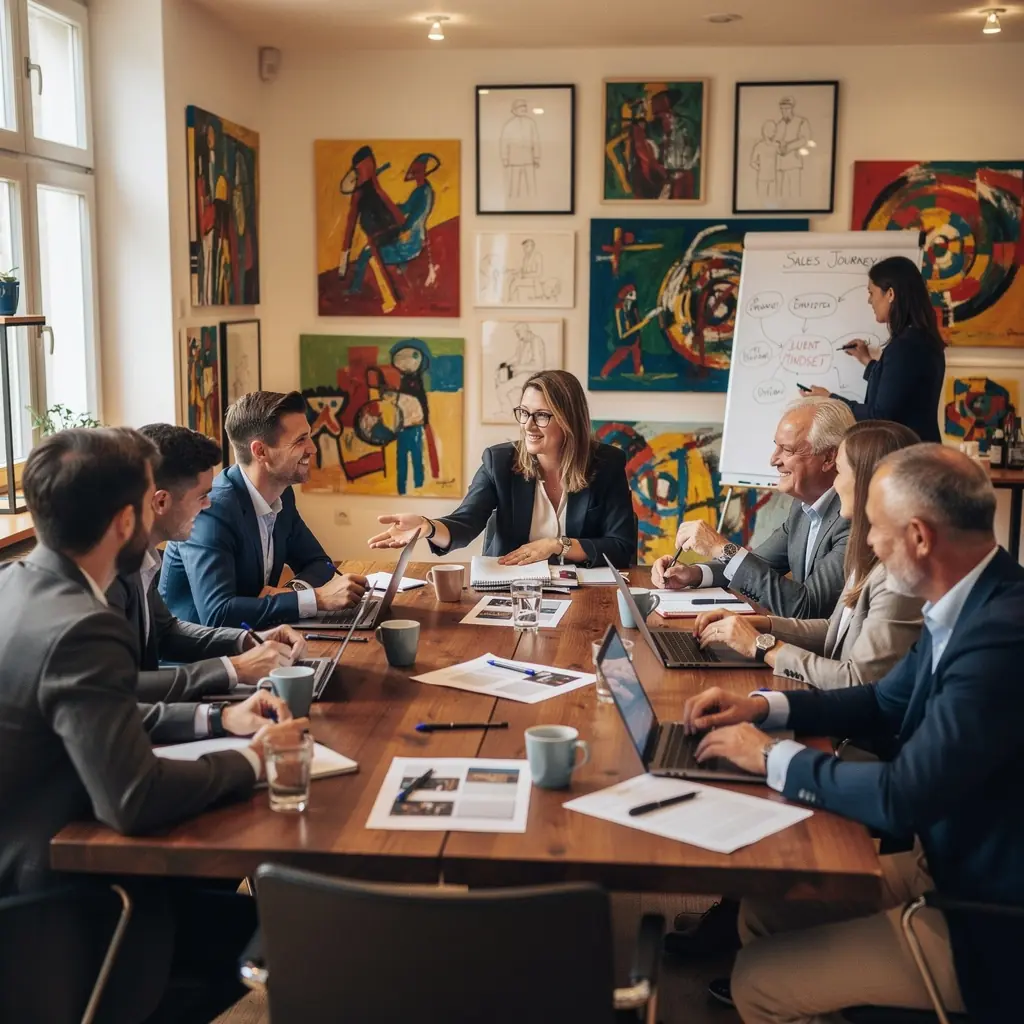 Ein Trainer erklärt Strategien zur Umsatzsteigerung in einem Seminarraum.
